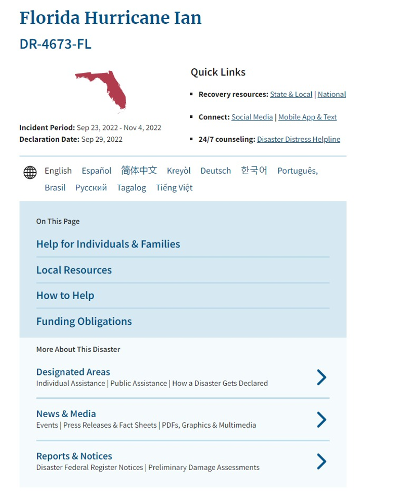 FEMA webpage on Florida's Hurricane Ian