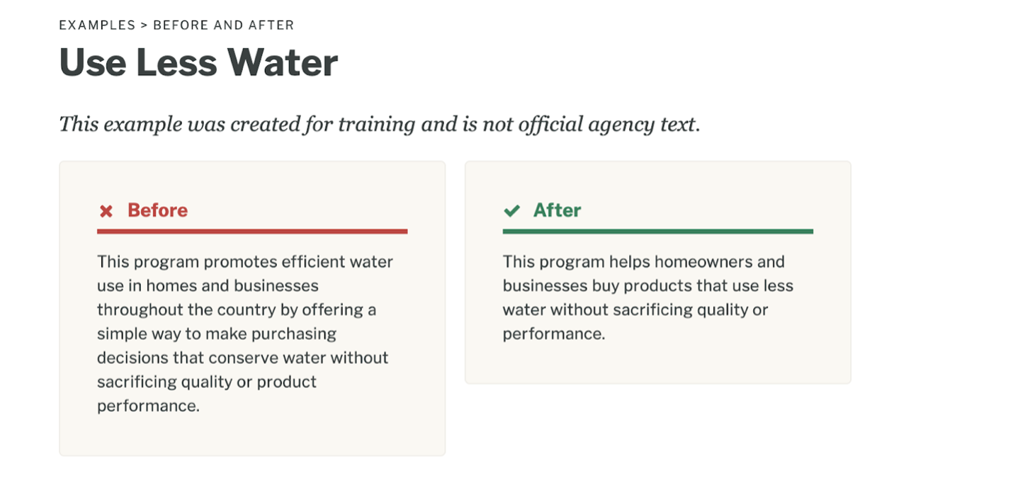 Plainlanguage.gov webpage showing a makeover of copy associated with water conservation